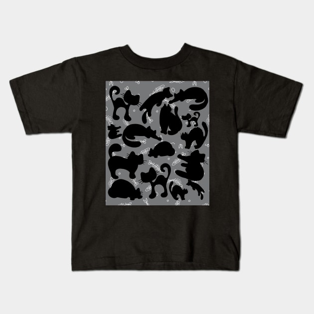 Black Cat Fish-bone pattern Kids T-Shirt by Studio Hues